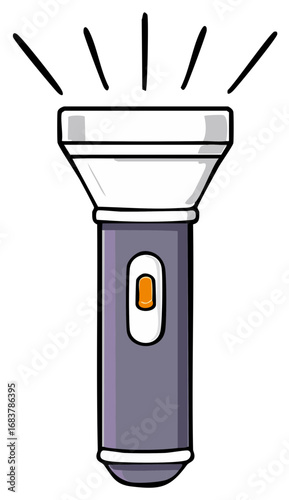 Illuminated flashlight vector drawing, beams of light emanate from the bulb, cartoon illustration