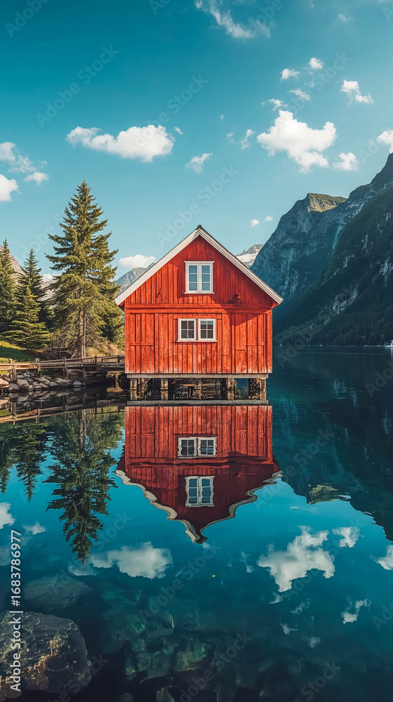 Obraz premium Red wooden house by tranquil lake