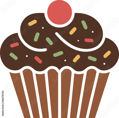 Chocolate Cupcake with Sprinkles and Cherry on Transparent Background