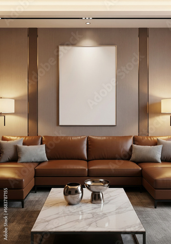 Calm living room interior featuring a poster frame above the sofa, in a scandi palette, suited for interior mockups, refined detailing.