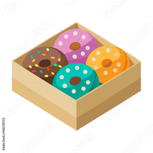 Box of colorful donuts with various toppings and flavors vector on white background.