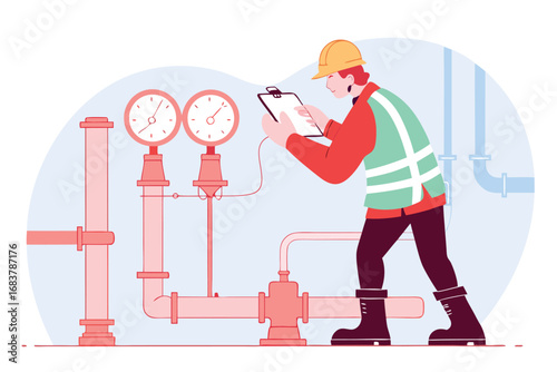 Industrial technician inspects gauges and pipelines for maintenance and safety checks in a factory setting