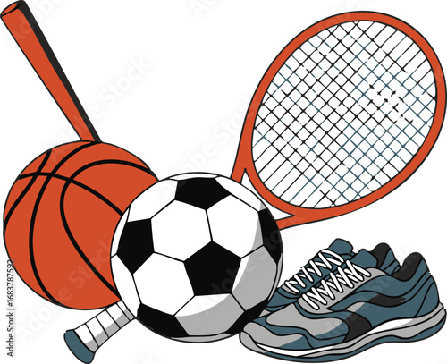 Sports Equipment Illustration with Ball, Racket, and Shoe for Activity