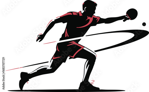 Table Tennis Player Silhouette with Red Accents on Transparent Canvas