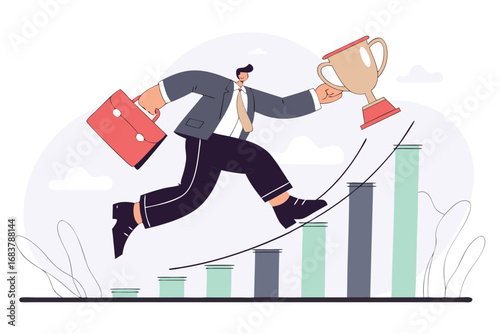 Businessman running up rising graph steps holding trophy representing success achievement and career growth