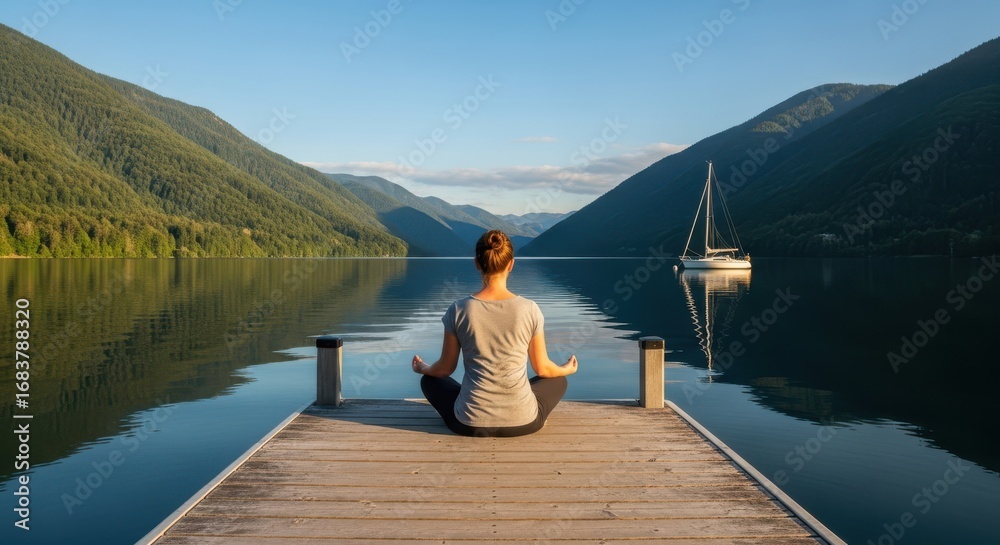 Fototapeta premium Serene meditation on a wooden pier overlooking a calm lake with mountains and sailboat