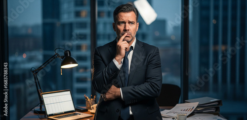 Worried businessman standing at office about work and thinking for future.