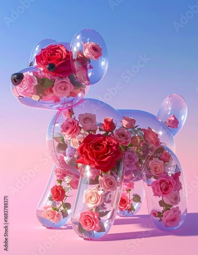 Creative artistic transparent balloon dog sculpture filled with vibrant pink and red roses, set against a pastel gradient background, symbolizing a blend of playfulness and romance