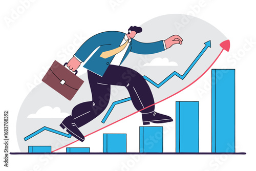 Businessman climbing stairs with upward trending bar graph and line chart representing success