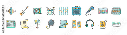 Music production and recording studio equipment icons - Collection of colorful icons representing musical instruments, studio gear, audio recording equipment, mixing tools, and sound production