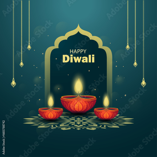 Happy Diwali Greeting with Traditional Oil Lamps and Golden Arch Design