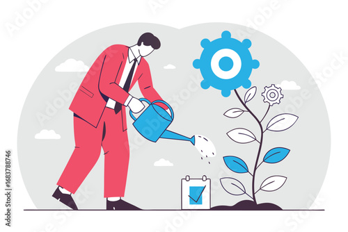 Businessman watering a gear-shaped flower symbolizing growth and business development