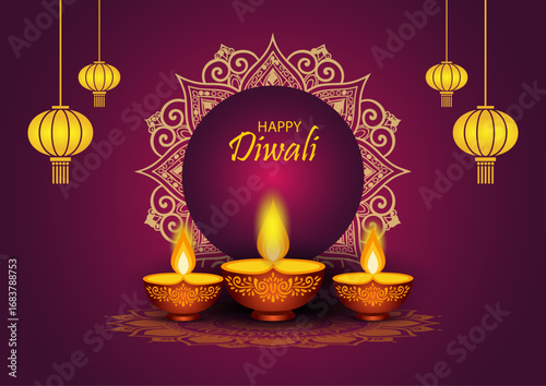 Happy Diwali Festival Greeting with Glowing Diyas and Decorative Lanterns on Purple Background