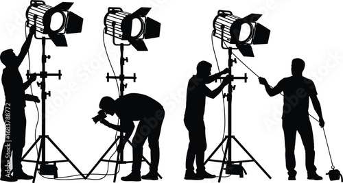Film set silhouette, studio crew working, camera operator, lighting technicians, boom mic holder, black vector illustration, behind-the-scenes production setup, photo shoot scene
