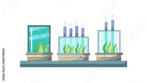 Illustration of terrariums with plants and candles decoration indoor home decor vector design set up art