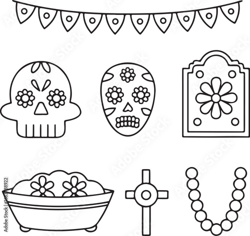 Day of the Dead vector, Day of the Dead skull design, Day of the Dead altar symbols, Day of the Dead skeleton outline, Day of the Dead mask icons, editable Day of the Dead cultural festival collection