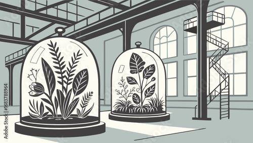 Botanical illustration of indoor plants in cloche domes in a factory setting vector graphic art