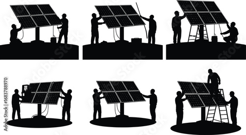 Solar panel installation silhouettes, renewable energy teamwork, technician maintenance, ladder setup, inverter access, sustainable power, black vector icons, clean energy workers, illustration