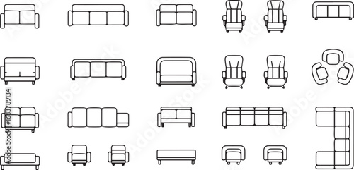 Minimalist black seating furniture icon set – top-down silhouettes of sofas, armchairs, loveseats, and sectionals for interior design, architectural plans, and layout visualization.