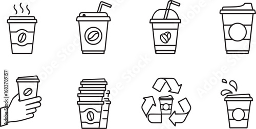 Minimalist black and white coffee cup icon set – hand-drawn line art of takeaway cups, straws, splashes, and eco symbols for café branding and design.