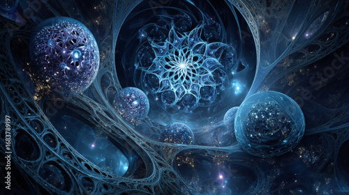 Abstract fractal patterns and shapes. Infinite universe.Mysterious psychedelic relaxation pattern. Dynamic flowing natural forms. Sacred geometry.Mystical spirals. 3D render.