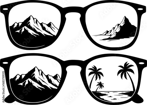 Two pairs of sunglasses reflecting mountain and tropical beach scenes silhouette
