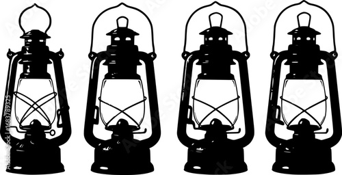 Four vintage kerosene oil lanterns arranged in a row silhouette
