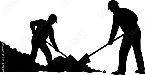 Two figures in silhouette digging with shovels on a white background
