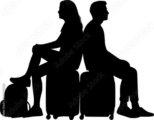 Two people sitting on luggage in silhouette style waiting for transportation
