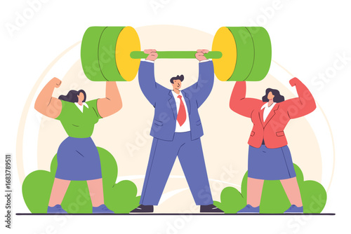Diverse business team achieves success lifting weights symbolizing strength and collaboration