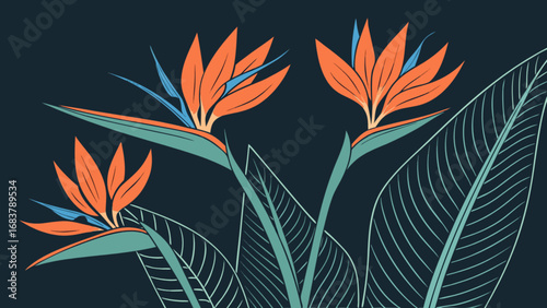 Strelitzia reginae illustration bird of paradise flower tropical floral design exotic plant art vector