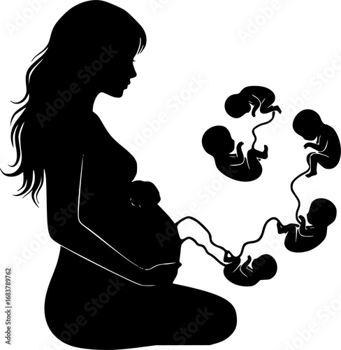 An illustration of a pregnant woman surrounded by floating fetuses representing the various stages of fetal development