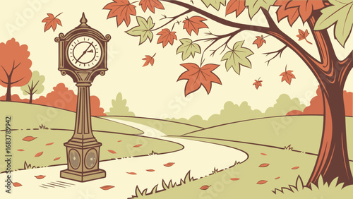 Autumn park scene with grandfather clock and falling leaves vector illustration for fall season design