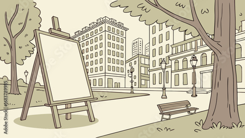 Illustration of artist's easel in city park with buildings, trees, and bench for painting scene outdoors