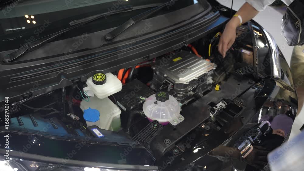 Engine compartment of a BYD car featuring electric motor components on ...