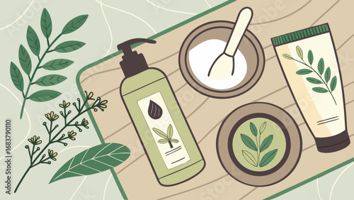 Organic skincare products flat lay top view illustration for natural beauty and wellness concept design