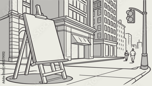 City street scene with artist's easel and blank canvas for painting or drawing illustration vector