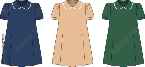 Girls puff sleeve dress front view, flat fashion cad drawing, cute baby dress vector illustration, color options design sketch
