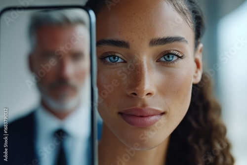 A woman holding a smartphone with a deepfake image of a different woman on the screen. This image represents the concepts of digital identity, fake news, and artificial intelligence.