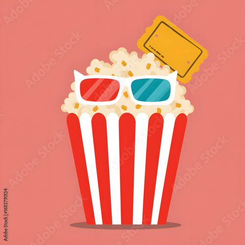 Playful popcorn bucket with 3D glasses and ticket, entertainment concept