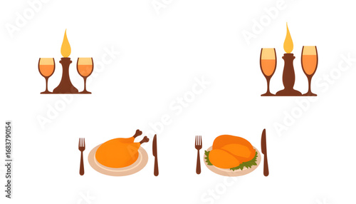 Thanksgiving dinner icon set with turkey, candles, and wine glasses
