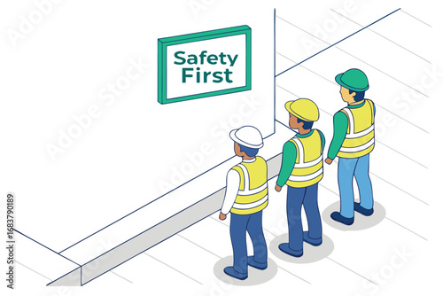 Construction workers observe safety first sign promoting workplace safety culture and hazard awareness