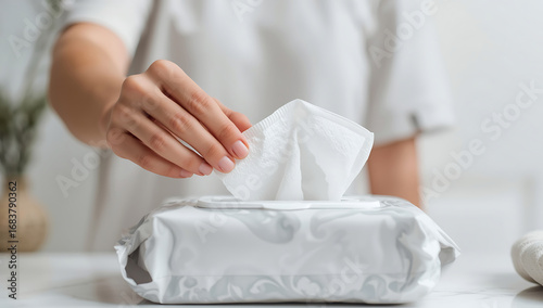 Woman taking napkin from tissue box at table indoors, closeup