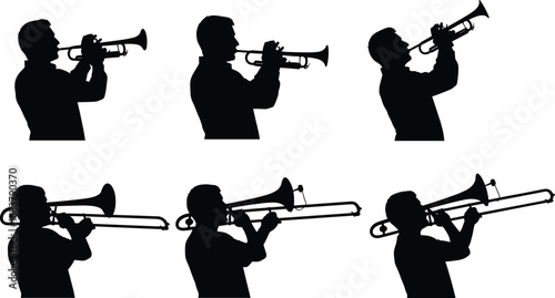 Black brass instrument player silhouette vector set featuring trumpet and trombone musicians in varied postures for music, jazz, and performance designs