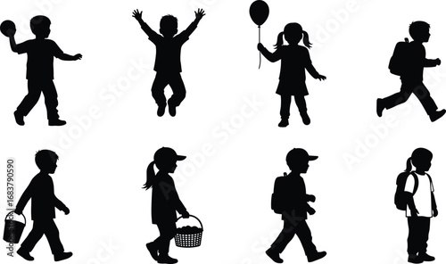Black children silhouette vector set showing playful activities, walking, carrying items, balloons, and backpacks for education, childhood, and lifestyle designs