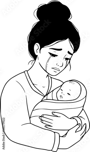 Illustrative image of a mom with baby blues or postpartum
