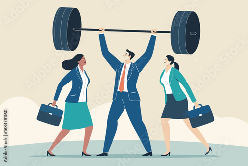 Teamwork and strength business professionals lifting heavy barbell symbolizing shared success and effort