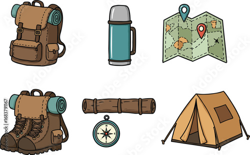 Camping and hiking equipment vector illustration set with backpack, boots, tent, compass, map, thermos, outdoor adventure travel tools.