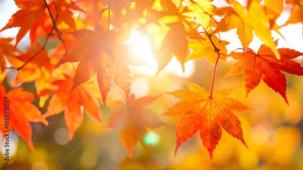 Autumnal Splendor: Radiant Maple Leaves Bathed in Golden Sunlight Warmth and Colors