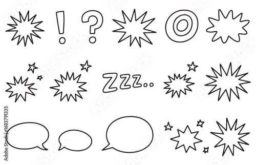 Collection of comic book style speech bubbles and sound effects in black and white